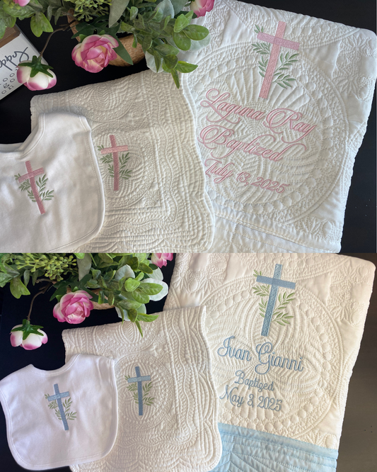 Personalized Laurel Branch Cross Baptism Gift Set | Custom Quilt Bib & Burp Cloth Christening Heirloom featuring embroidered crosses, laurel branches, and custom names with baptism dates.