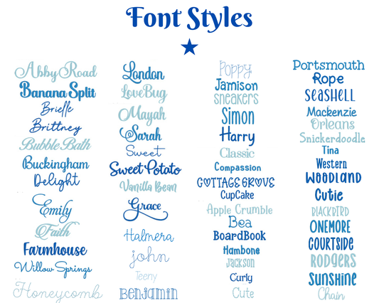 Font style samples for various script and decorative typefaces in blue tones, designed for customizing the "Personalized Garden Floral Cross Baptism Baby Quilt | Custom Name & Date Christening Heirloom" with names and dates.
