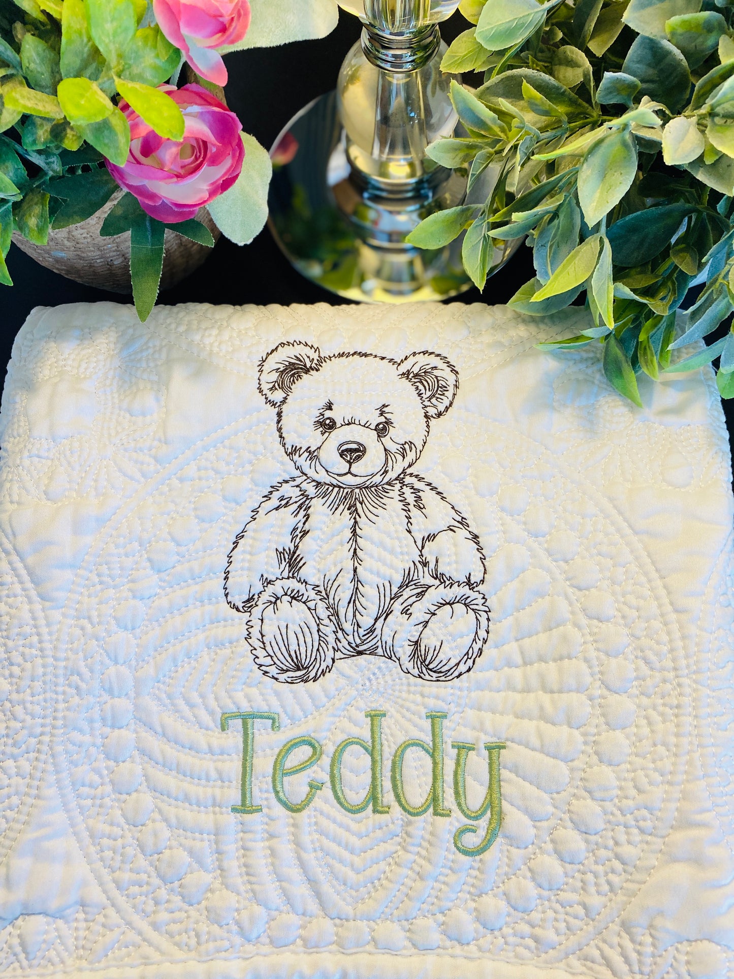 Personalized embroidered teddy bear baby quilt with custom name, soft heirloom blanket for newborns