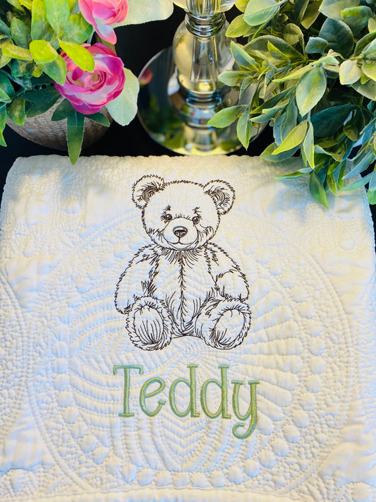 Personalized embroidered teddy bear baby quilt with custom name, soft heirloom blanket for newborns