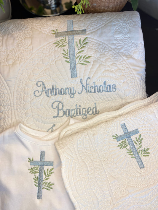 Personalized Laurel Branch Cross Baptism Gift Set | Custom quilt with embroidered name and cross, matching bib and burp cloth with laurel branch design for a meaningful christening heirloom.