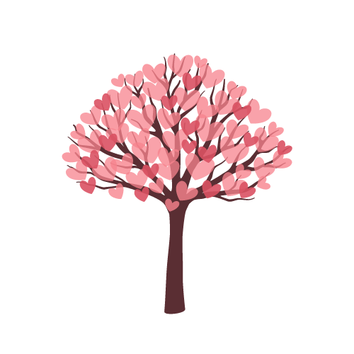 Illustration of a tree with a brown trunk and branches, with numerous pink heart-shaped leaves forming a full, rounded canopy.