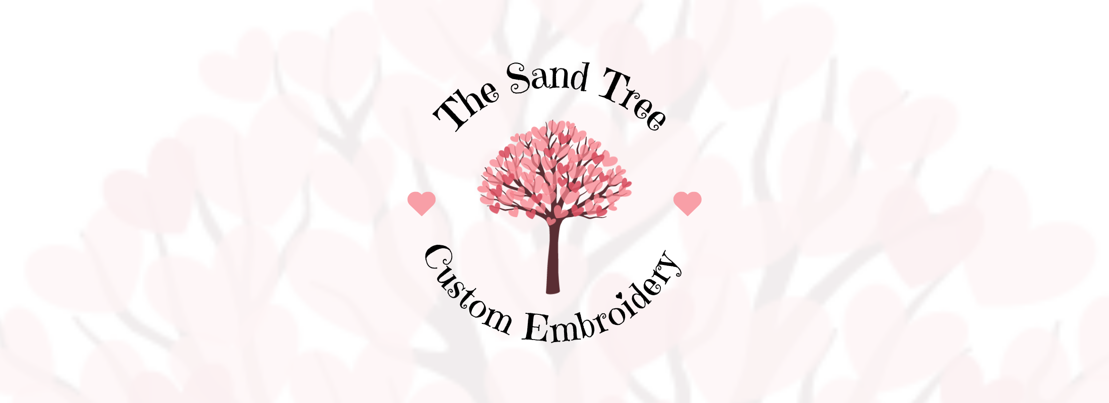 Logo featuring a stylized pink tree with hearts on either side, surrounded by the text "The Sand Tree" at the top and "Custom Embroidery" at the bottom on a light background.