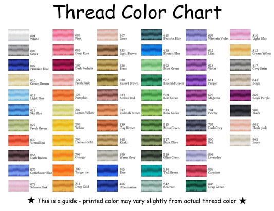 Thread color chart featuring a variety of shades for embroidery and sewing, useful for selecting colors to customize the Personalized Nautical Sailboat Baby Quilt | Custom Name Heirloom Blanket for Boys.