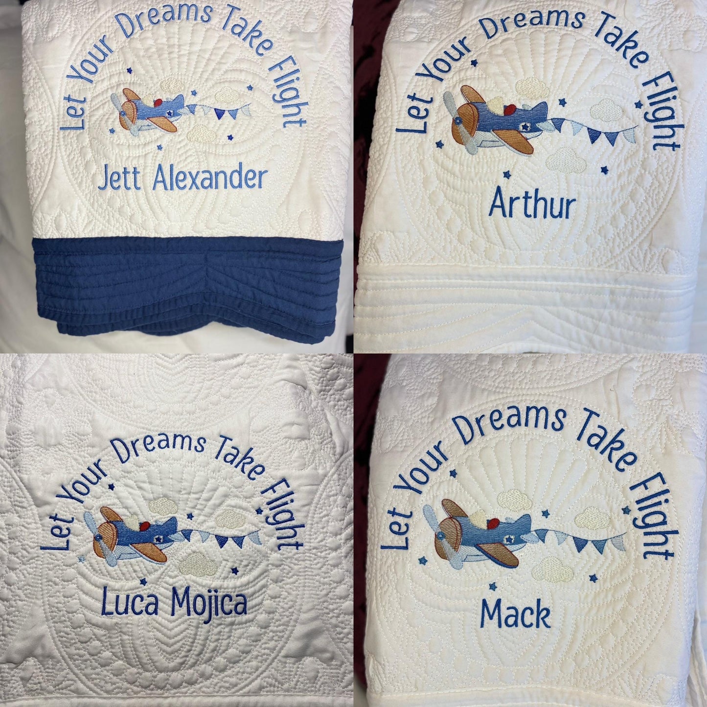 Personalized "Let Your Dreams Take Flight" Airplane Baby Quilt | Custom Name Blanket | Heirloom Keepsake featuring embroidered airplane design and custom names on soft white fabric.