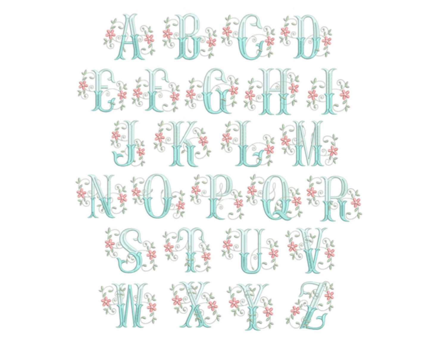 Personalized Elegant Floral Interlocking Monogram Baby Quilt | Custom Embroidered Heirloom Blanket showcasing a delicate alphabet design with light blue letters adorned with soft pink floral accents.