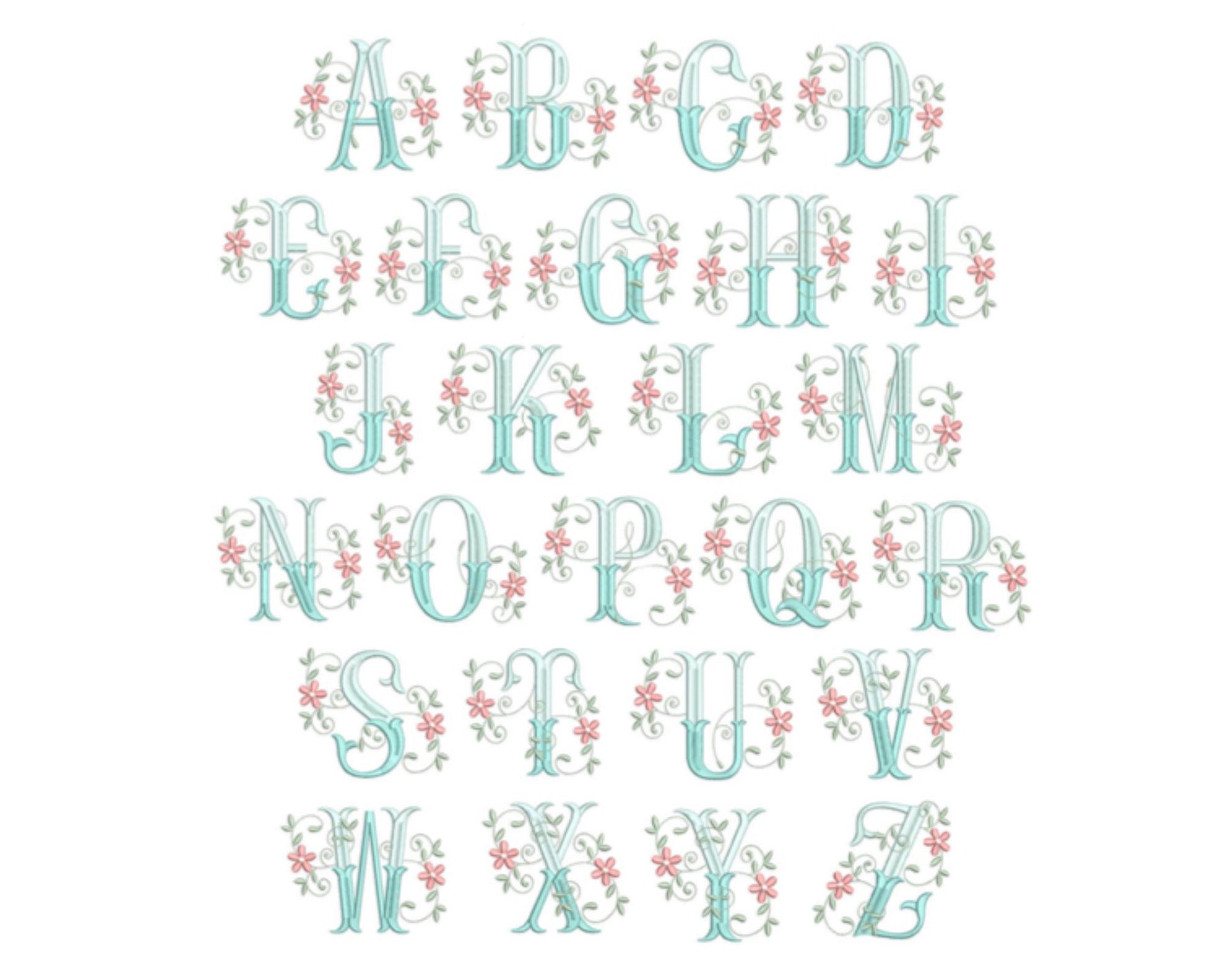 Personalized Elegant Floral Interlocking Monogram Baby Quilt | Custom Embroidered Heirloom Blanket showcasing a delicate alphabet design with light blue letters adorned with soft pink floral accents.