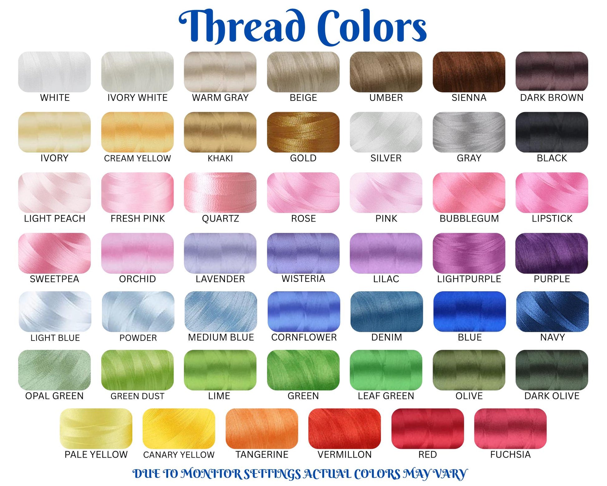 Color chart displaying various thread options including white, ivory, beige, gold, silver, pink, purple, blue, green, yellow, orange, red, and brown shades for Personalized Vine & Bow Monogram Baby Quilt | Custom Embroidered Heirloom Blanket.