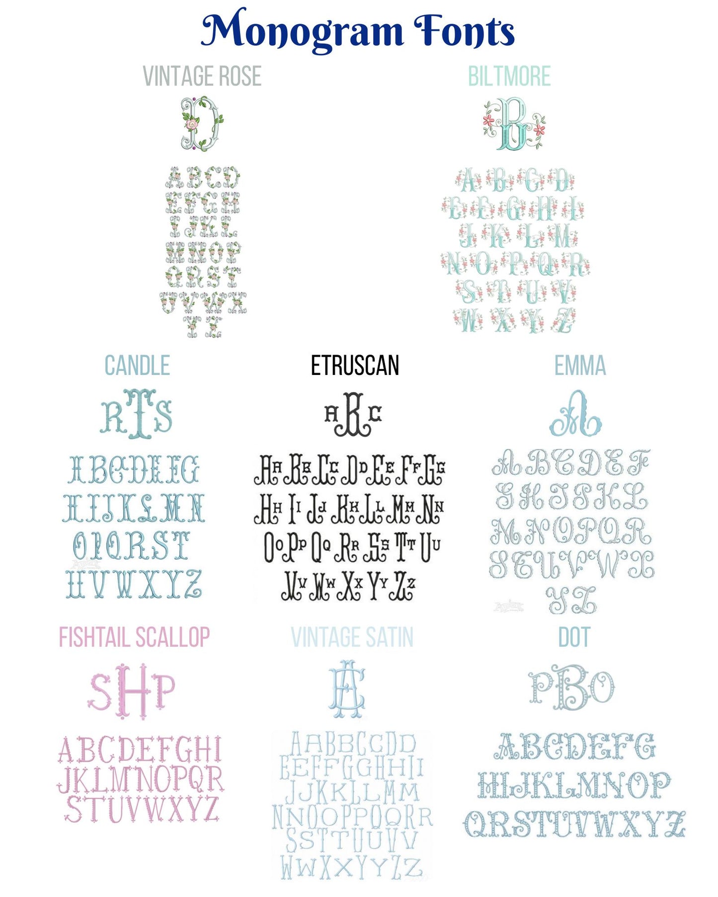 Monogram fonts chart featuring styles named Vintage Rose, Biltmore, Candle, Etruscan, Emma, Fishtail Scallop, Vintage Satin, and Dot, shown in various pastel colors for the Personalized Bow & Floral Wreath Monogram Baby Quilt | Custom Name Heirloom Keepsake for Girls.