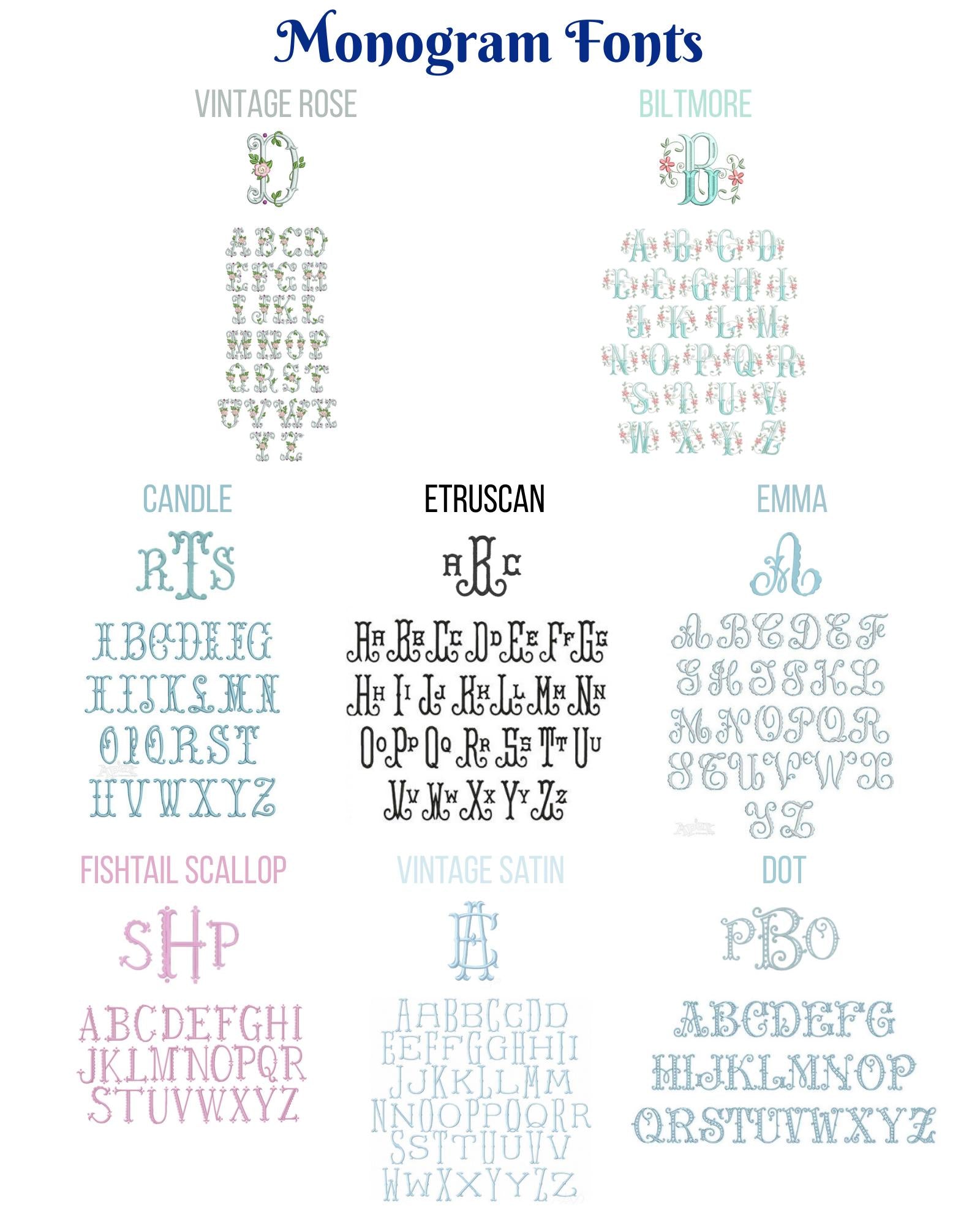 Monogram fonts chart featuring styles named Vintage Rose, Biltmore, Candle, Etruscan, Emma, Fishtail Scallop, Vintage Satin, and Dot, shown in various pastel colors for the Personalized Bow & Floral Wreath Monogram Baby Quilt | Custom Name Heirloom Keepsake for Girls.