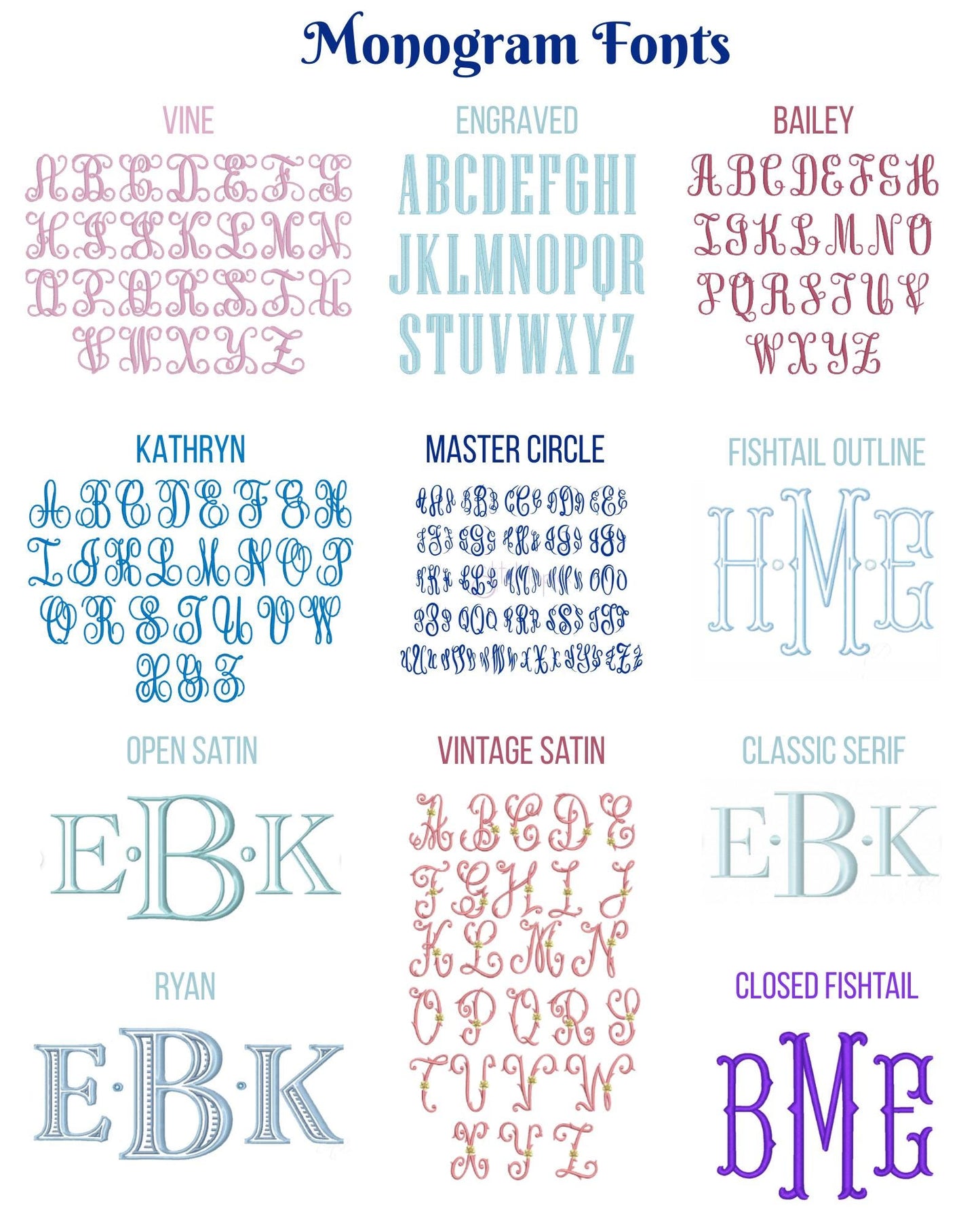 Monogram font options for Personalized Bow & Floral Wreath Monogram Baby Quilt | Custom Name Heirloom Keepsake for Girls featuring various intricate and classic styles in pastel colors.
