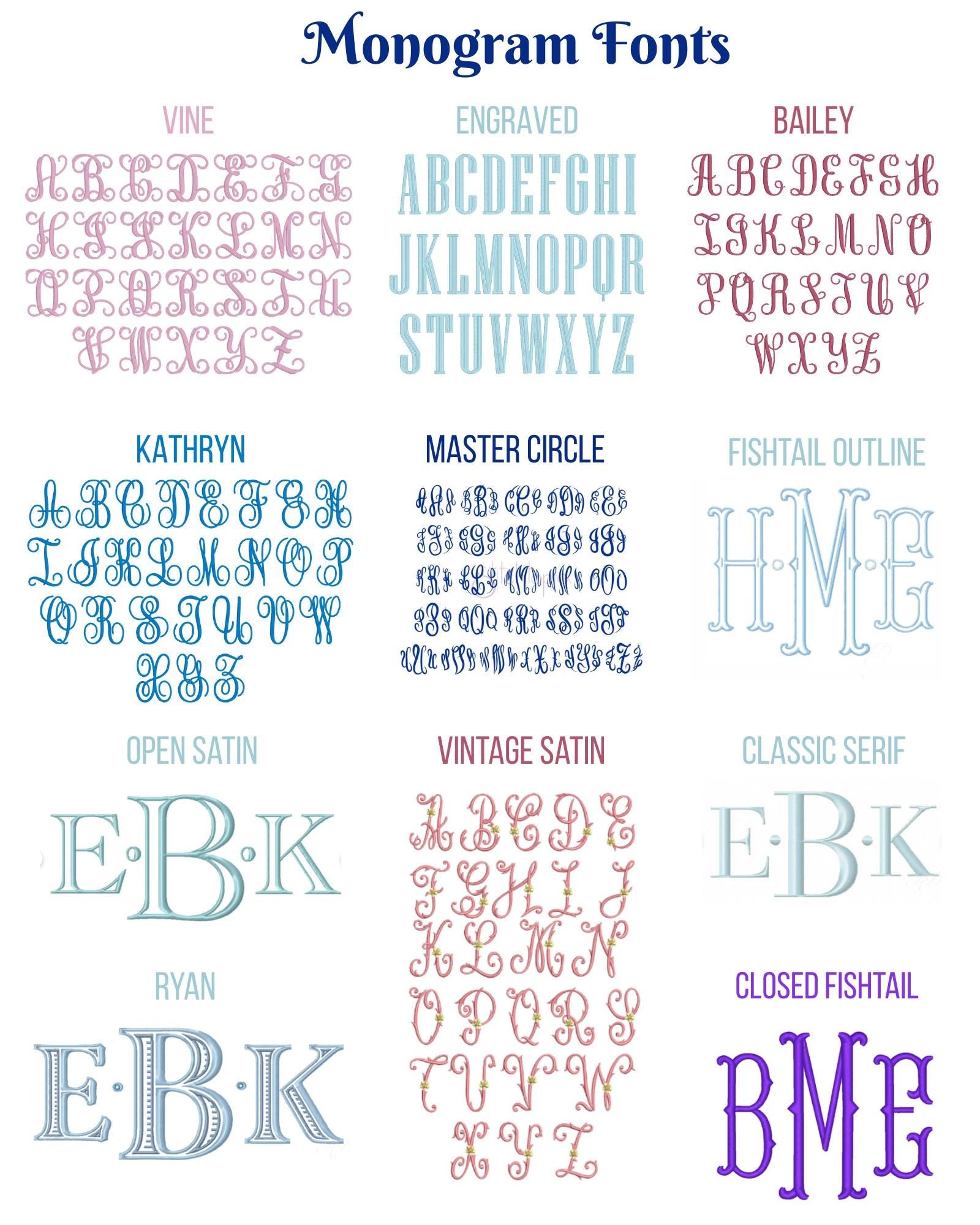 Monogram font options for Personalized Bow & Floral Wreath Monogram Baby Quilt | Custom Name Heirloom Keepsake for Girls featuring various intricate and classic styles in pastel colors.