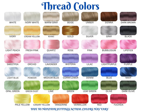 Color chart showing 48 thread color options including white, ivory white, warm gray, beige, umber, sienna, dark brown, ivory, cream yellow, khaki, gold, silver, gray, black, various shades of pink like light peach, fresh pink, rose, pink, bubblegum, lipstick, sweetpea, orchid, and purple tones, blues such as light blue, powder, medium blue, cornflower, denim, blue, navy, and greens like opal green, green dust, lime, leaf green, olive, dark olive,