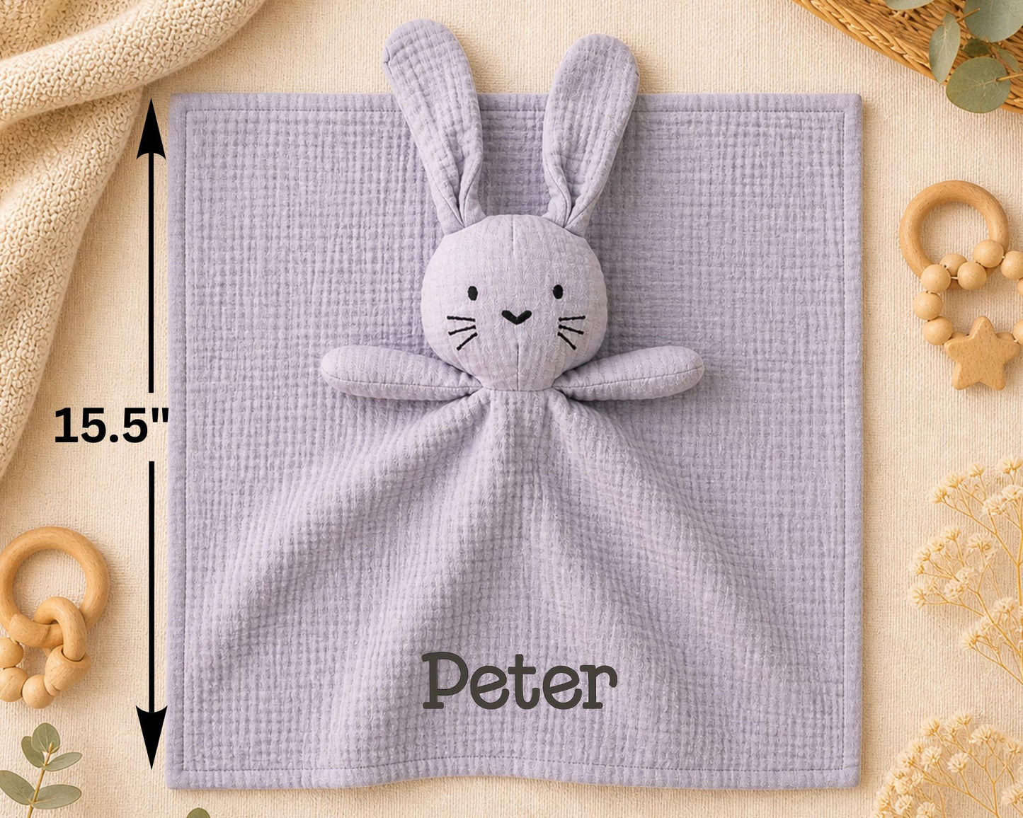Personalized Bunny Lovey | Organic Muslin Baby Security Blanket | Custom Embroidered Name with soft lavender fabric and bunny plush head, featuring the name Peter embroidered on the blanket.