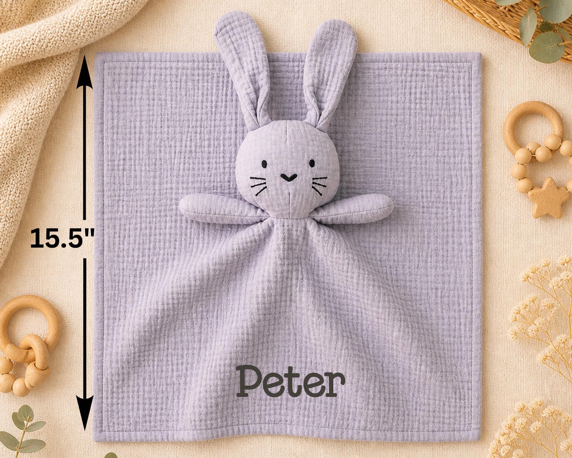 Personalized Bunny Lovey | Organic Muslin Baby Security Blanket | Custom Embroidered Name with soft lavender fabric and bunny plush head, featuring the name Peter embroidered on the blanket.