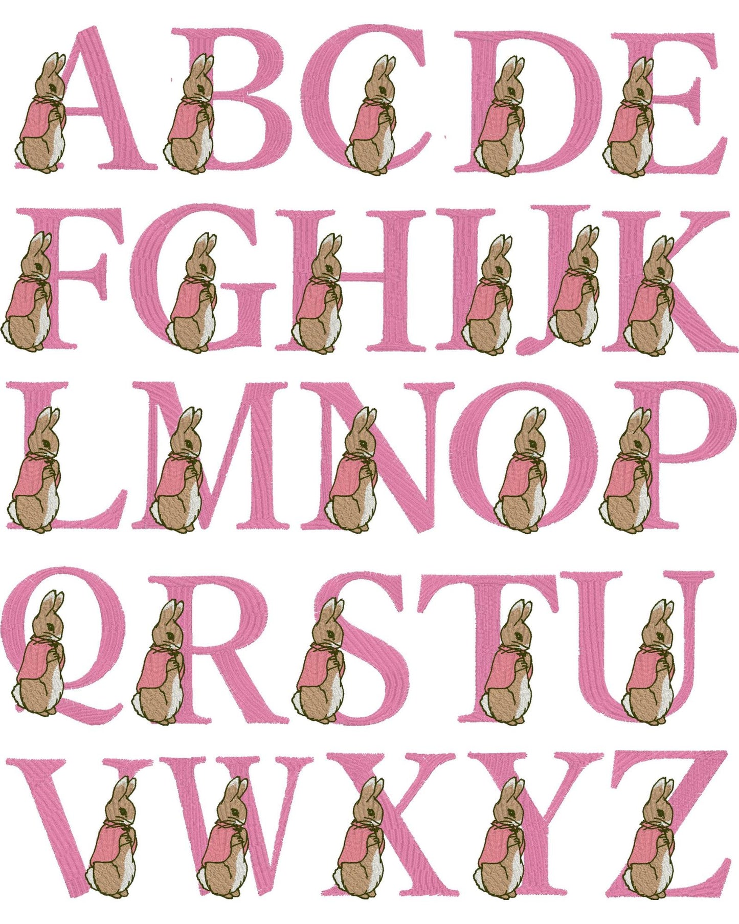 Personalized Classic Storybook Bunny Monogram Baby Quilt | Custom Name Heirloom Blanket featuring pink alphabet letters with a vintage storybook bunny illustration next to each letter.