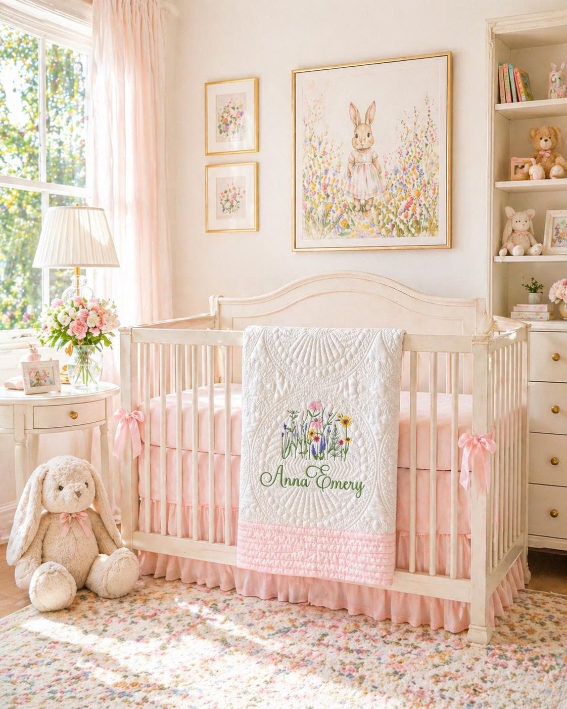 Personalized Wildflower Meadow Baby Quilt | Custom Name Heirloom Blanket for Girls featuring delicate embroidered wildflowers and a custom name, draped over a crib in a softly lit nursery.