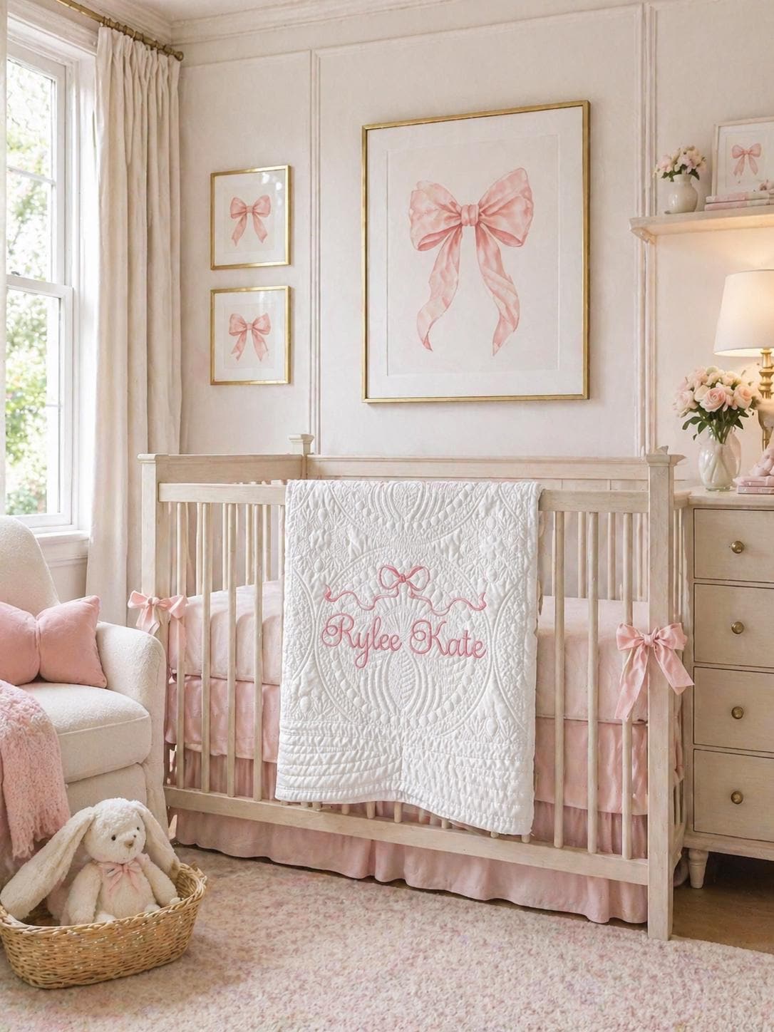 Cozy nursery scene featuring a Personalized Pastel Pink Ribbon Bow Baby Quilt | Custom Name Heirloom Blanket for Girls draped over a light wooden crib surrounded by soft pink accents and bow decorations.