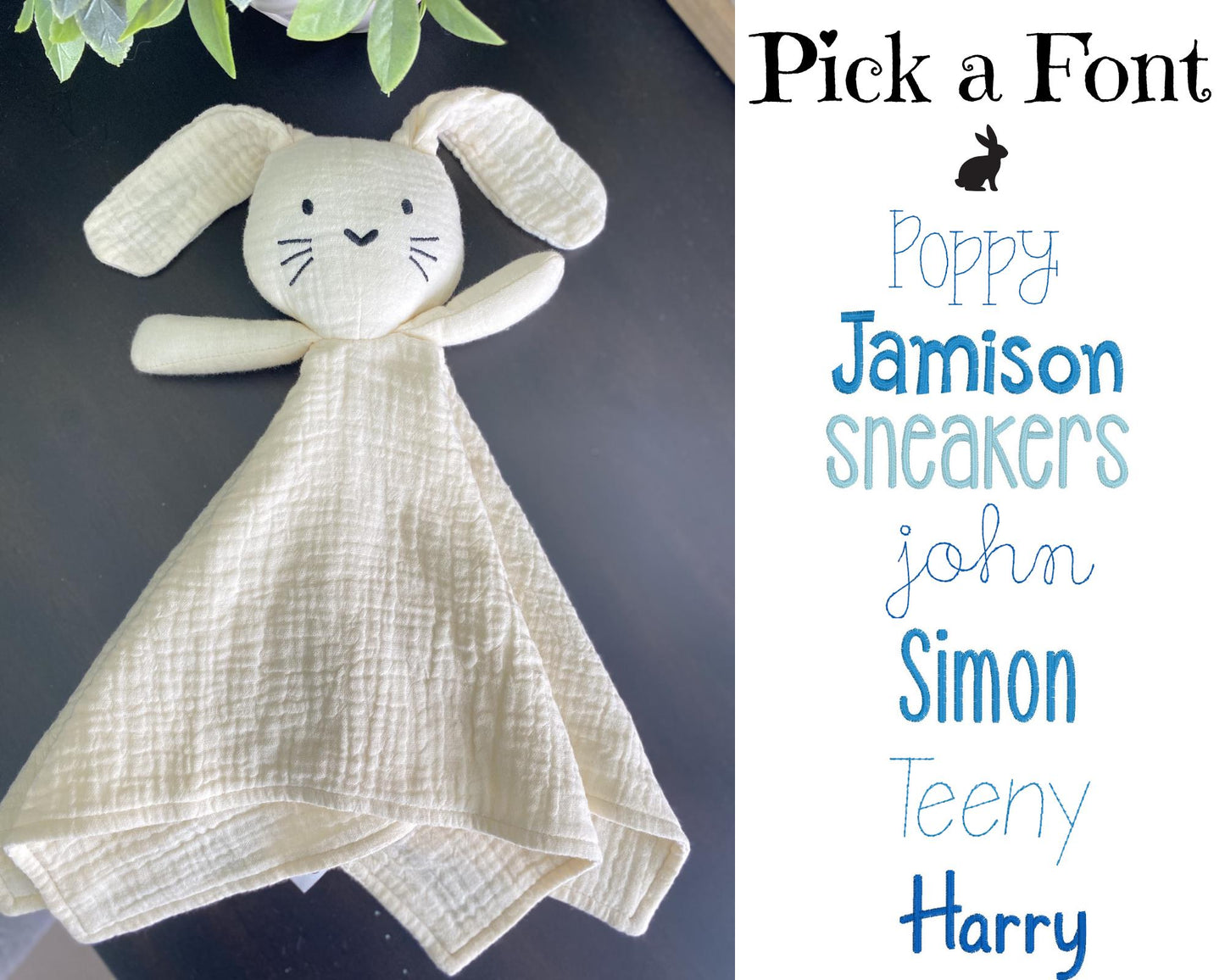 Personalized Bunny Lovey | Organic Muslin Baby Security Blanket | Custom Embroidered Name with soft neutral fabric and a cute bunny face, perfect as a handmade baby shower gift.