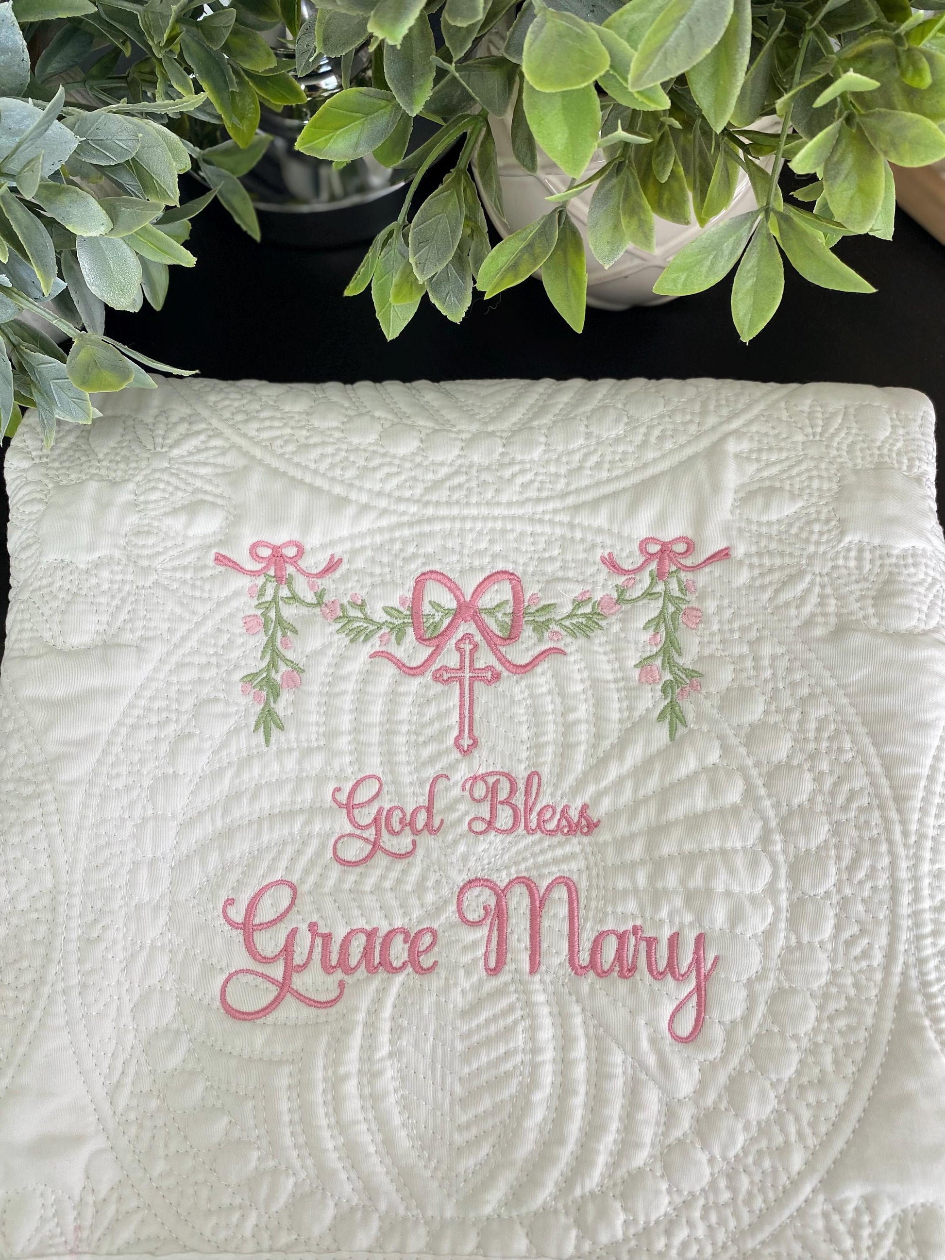 Personalized God Bless Baptism Baby Quilt | Custom Embroidered Christening Heirloom Blanket with delicate pink floral embroidery and a cross, perfect as a baptism gift.
